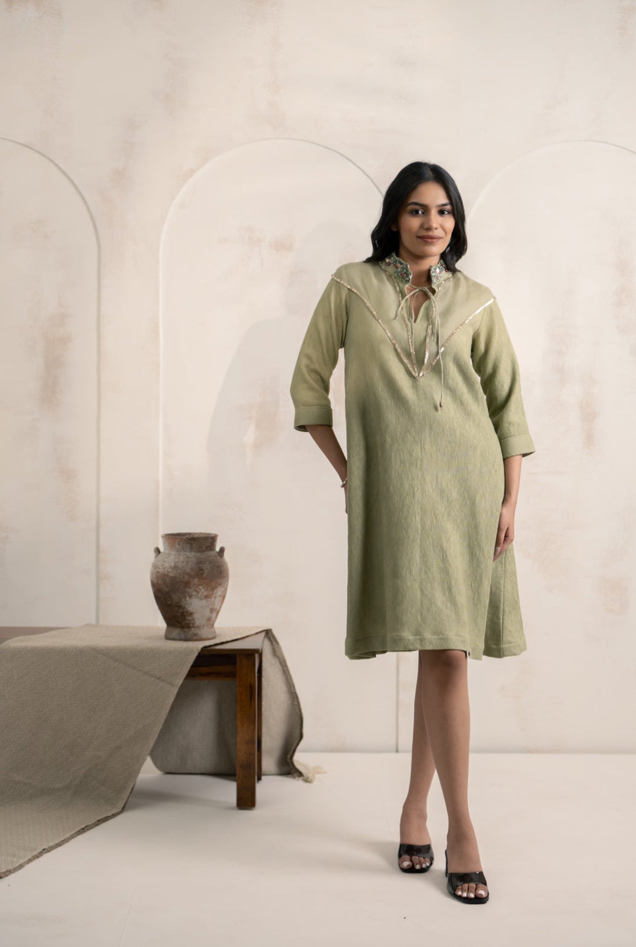 Green Textured Cotton Dress with Sequin Yoke & Embroidered Collar