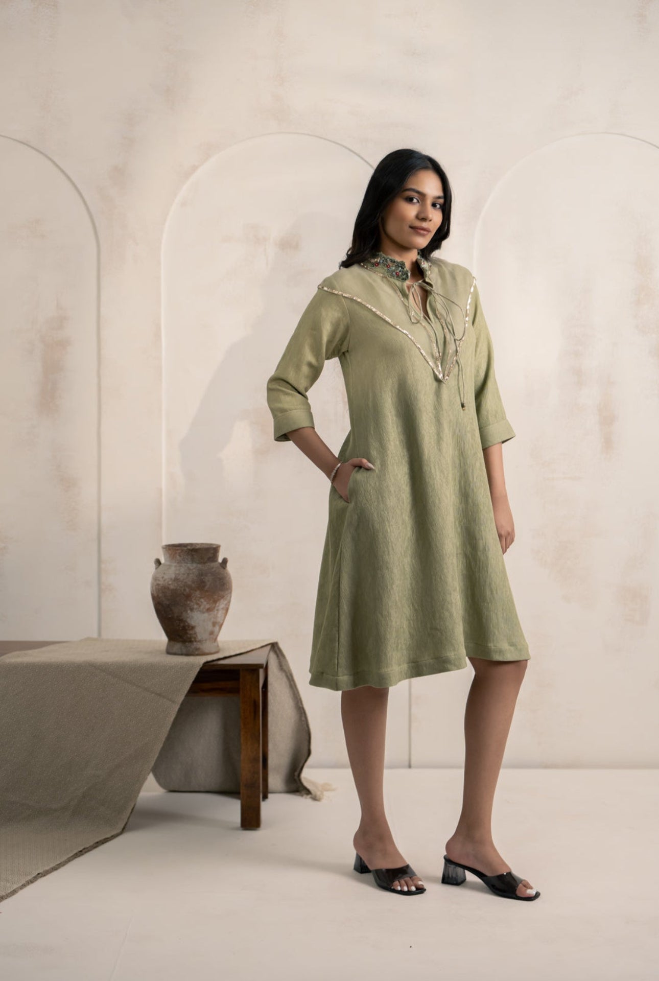 Green Textured Cotton Dress with Sequin Yoke & Embroidered Collar