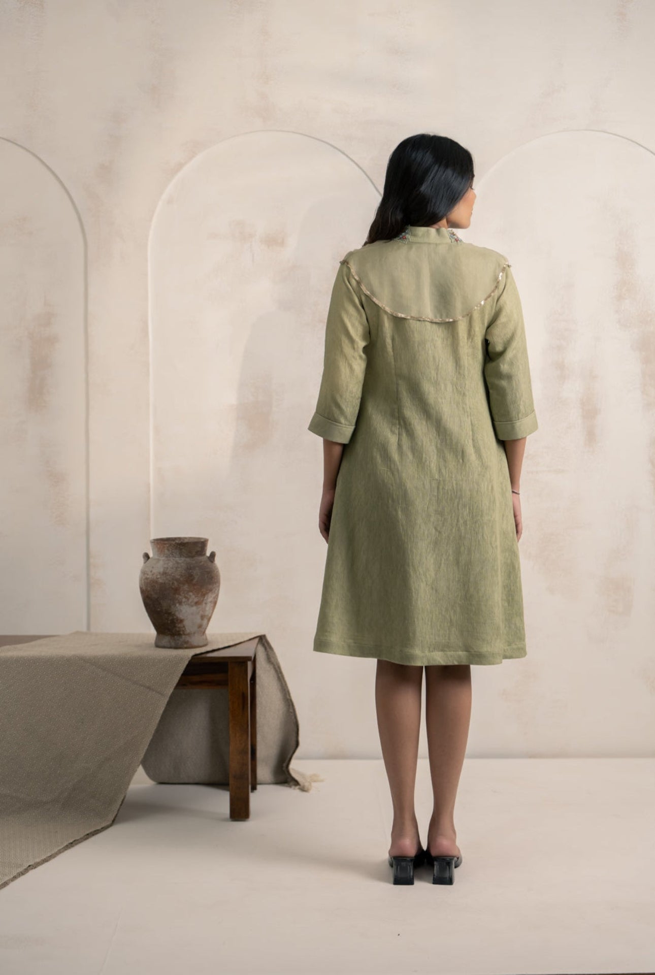 Green Textured Cotton Dress with Sequin Yoke & Embroidered Collar