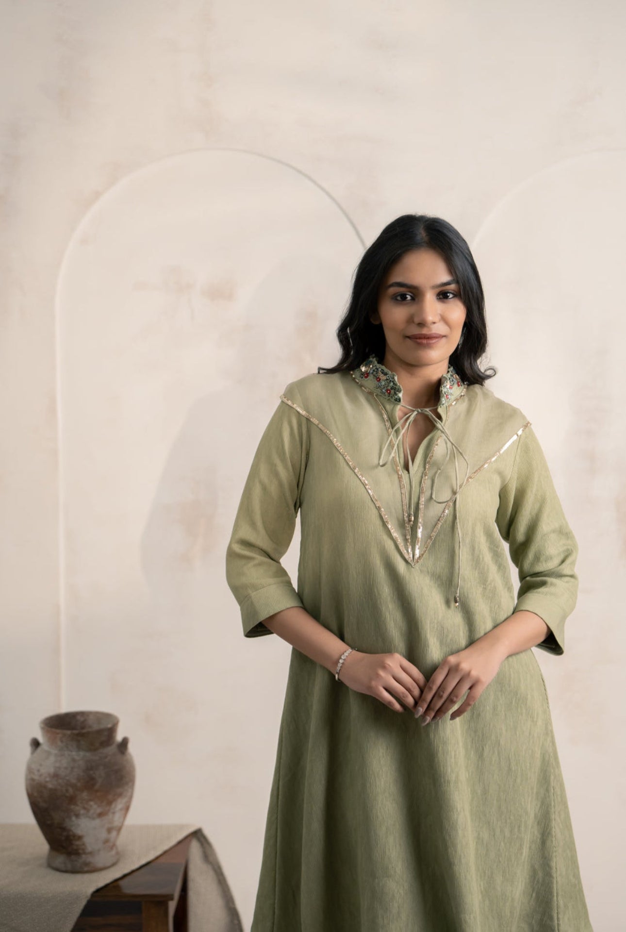 Green Textured Cotton Dress with Sequin Yoke & Embroidered Collar