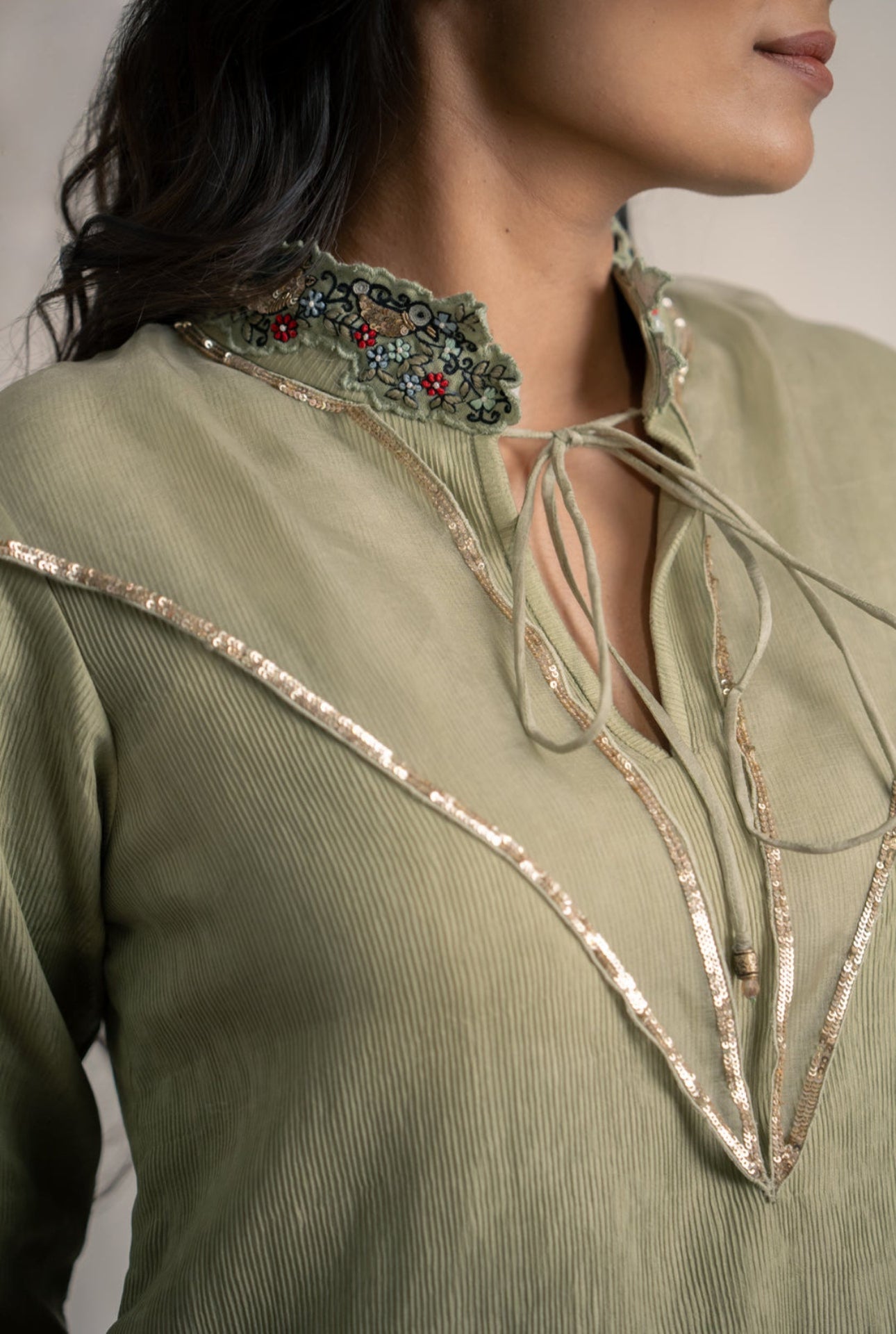 Green Textured Cotton Dress with Sequin Yoke & Embroidered Collar