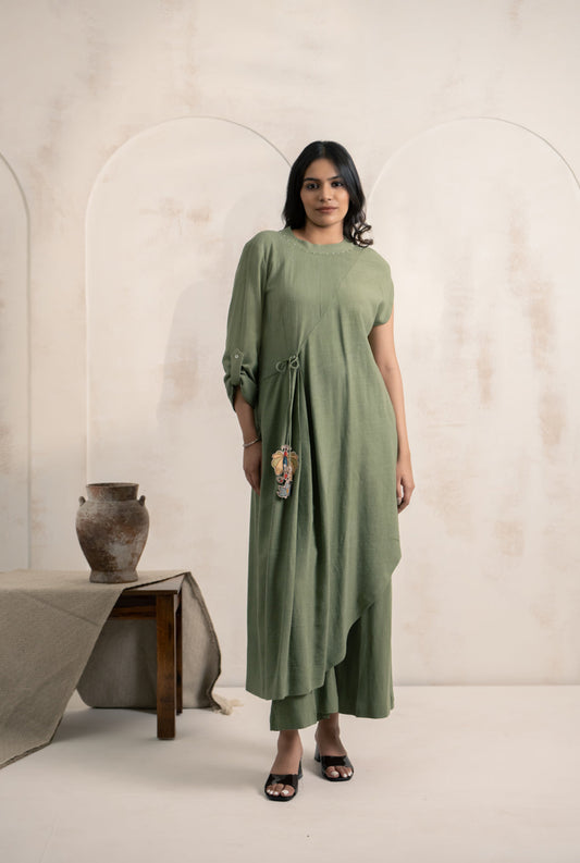 Olive Green Asymmetric Kurta Set with Embroidered Detail