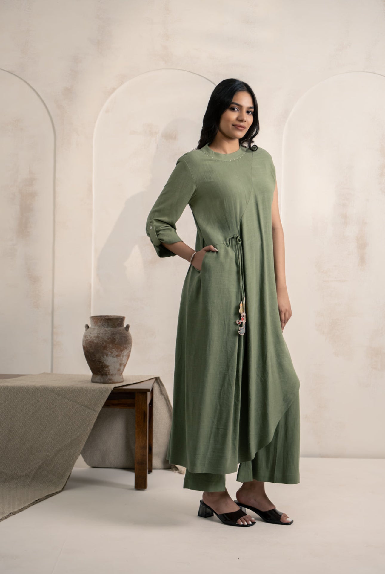 Olive Green Asymmetric Kurta Set with Embroidered Detail
