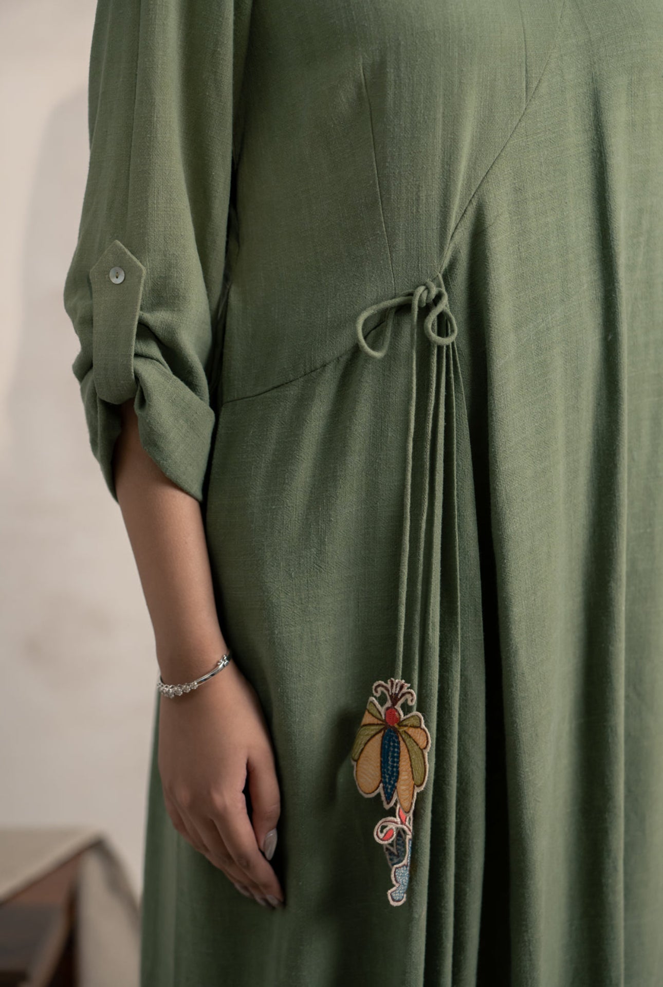 Olive Green Asymmetric Kurta Set with Embroidered Detail