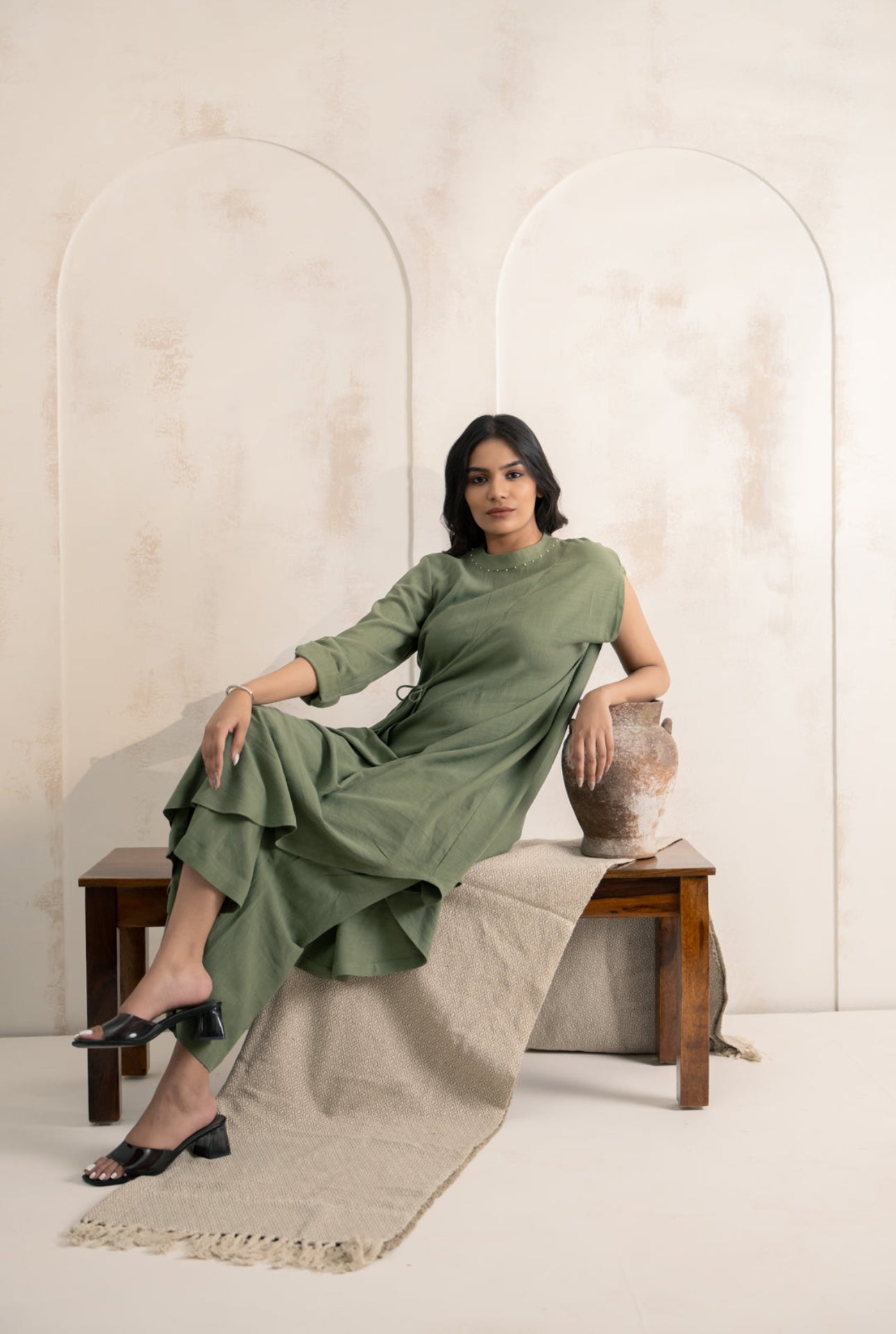 Olive Green Asymmetric Kurta Set with Embroidered Detail