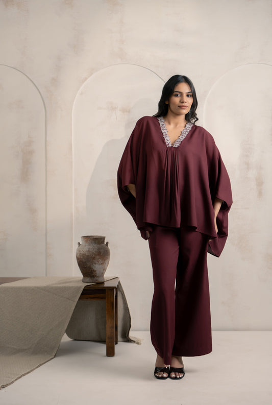 Wine Flow Kaftan Set with Embroidered Neckline