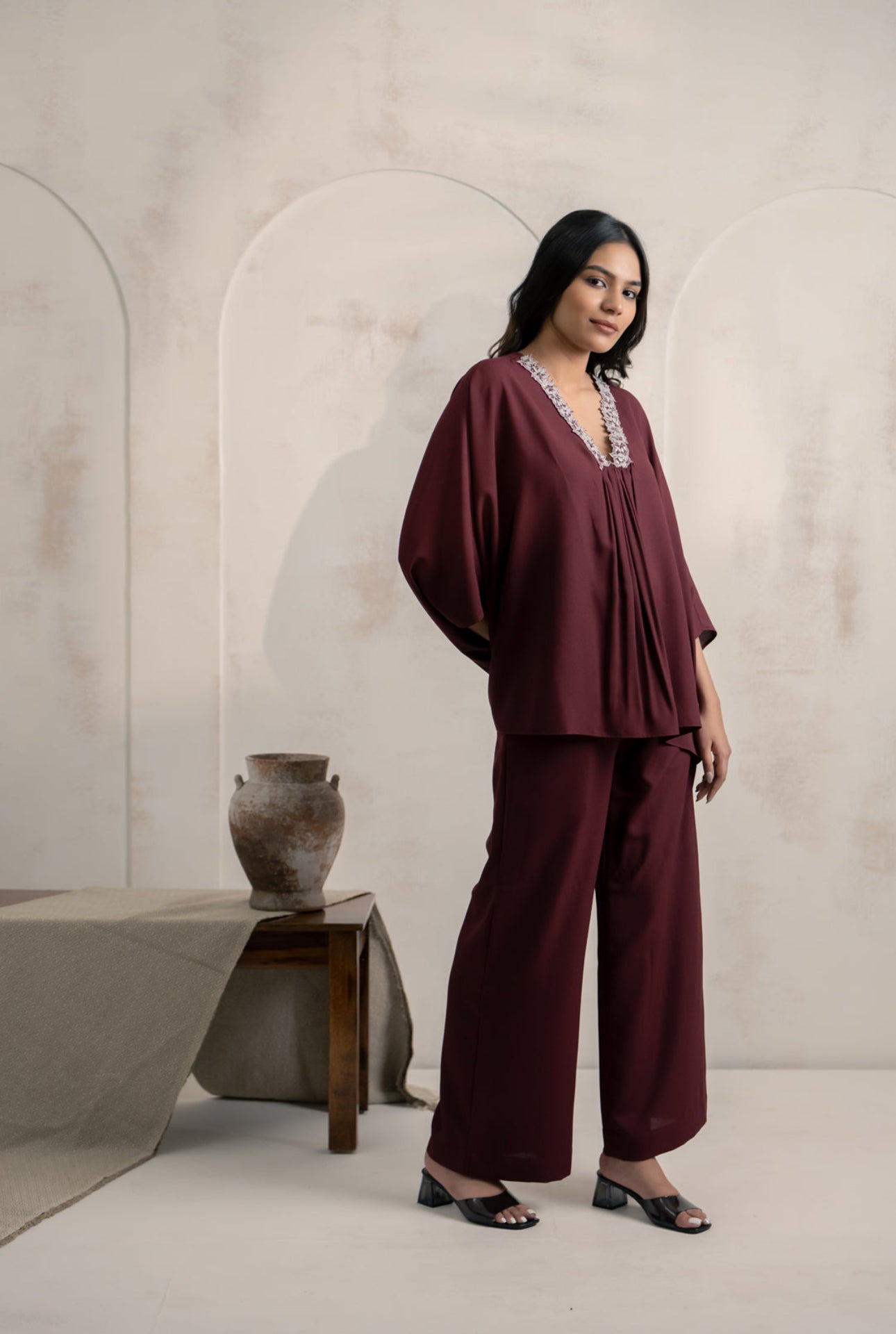 Wine Flow Kaftan Set with Embroidered Neckline