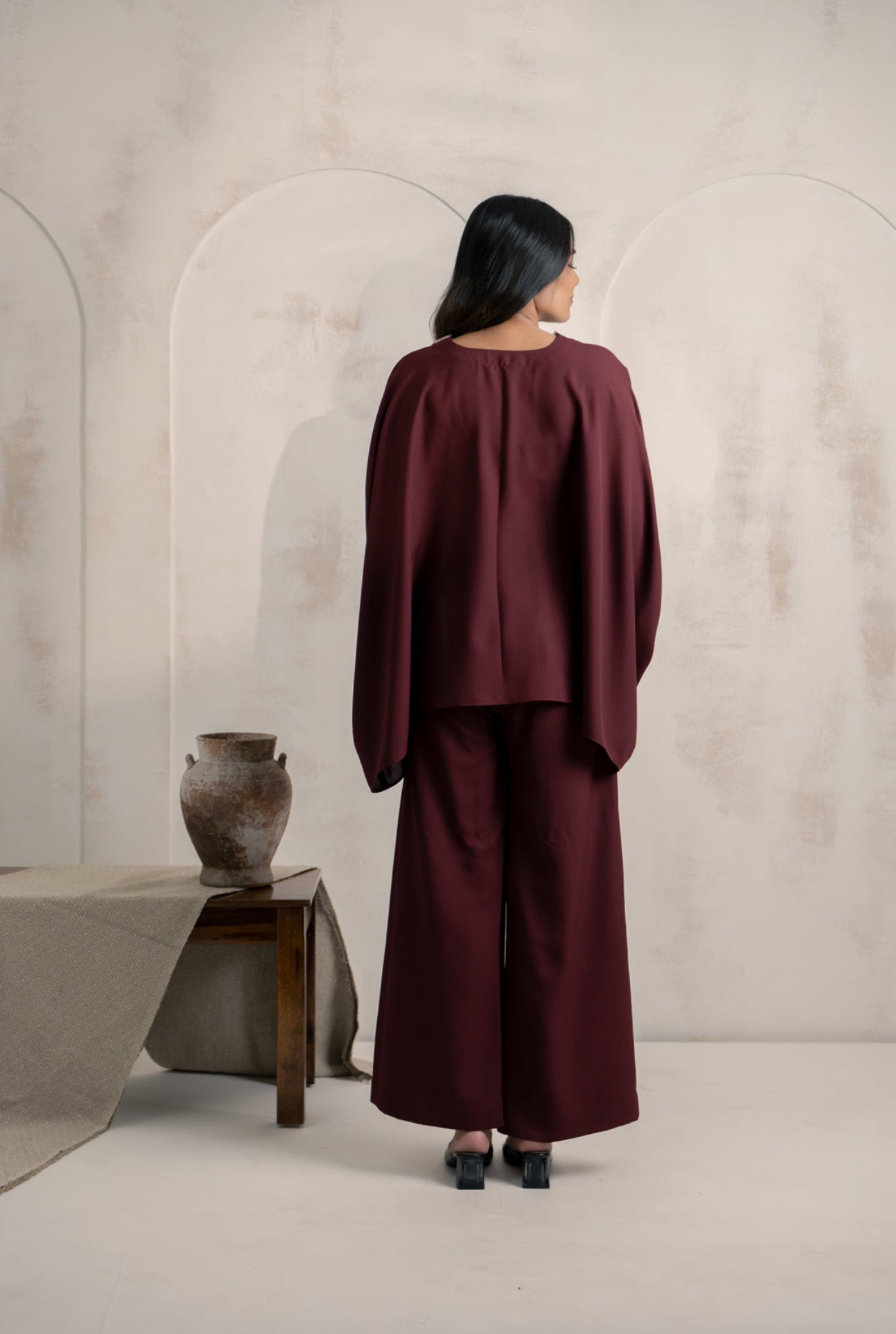 Wine Flow Kaftan Set with Embroidered Neckline