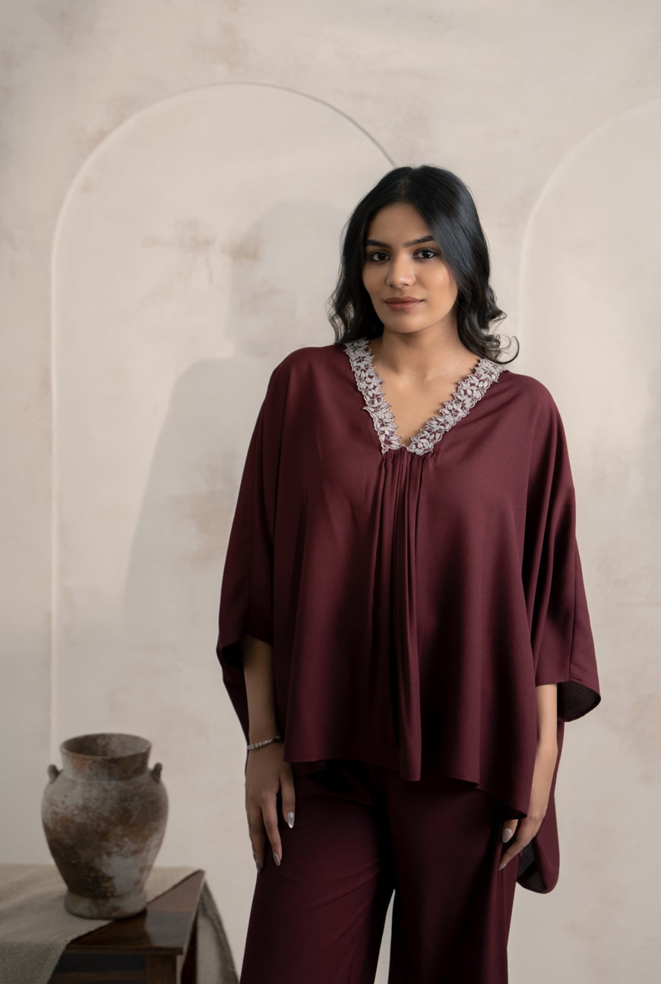 Wine Flow Kaftan Set with Embroidered Neckline