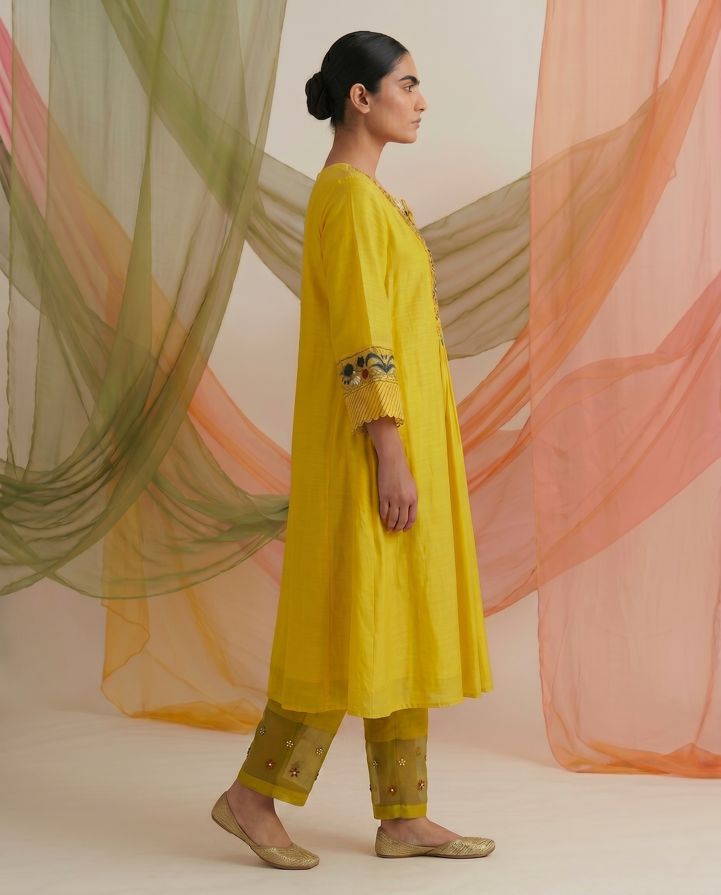 Mustard Yellow Hand Embroidered Satin Georgette Kurta Set