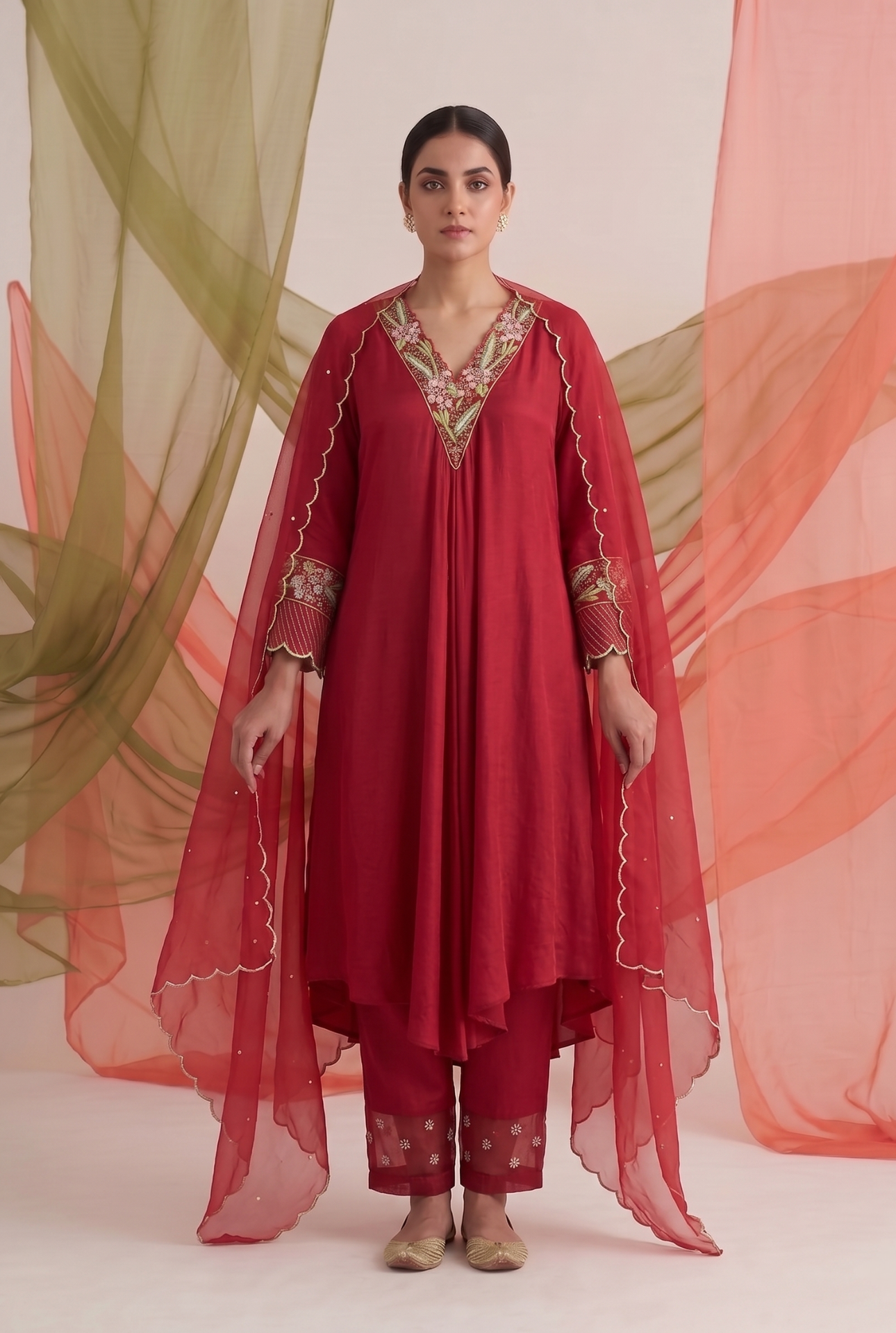 Ruby Red Satin Georgette Kurta Set
