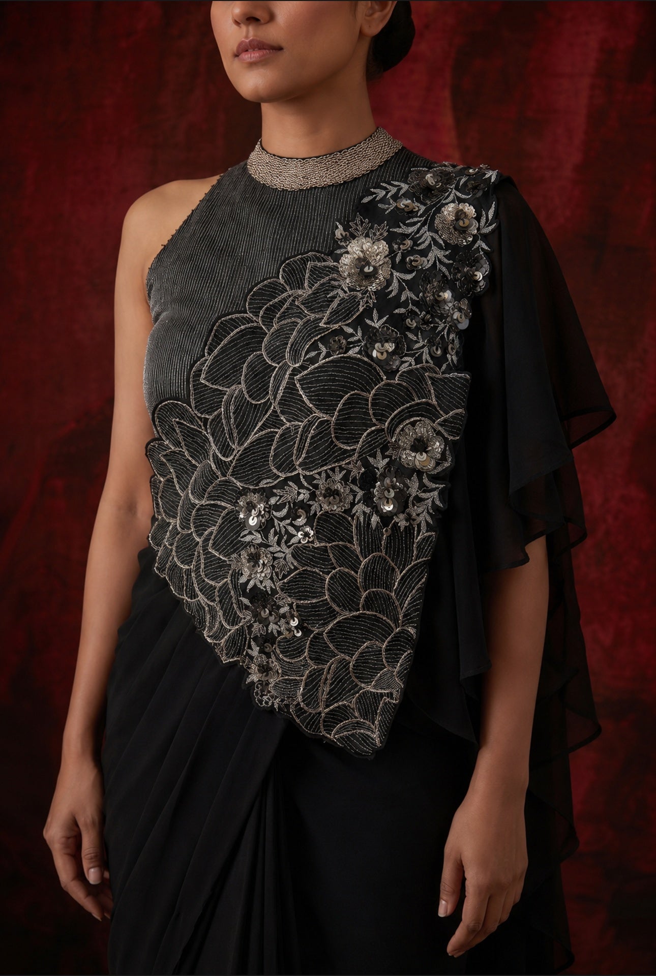 Midnight Floral Pre-Draped Saree