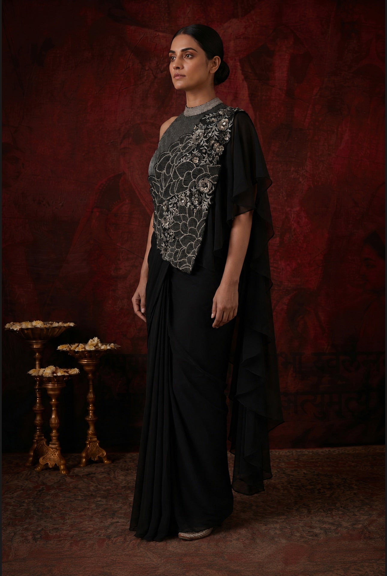Midnight Floral Pre-Draped Saree
