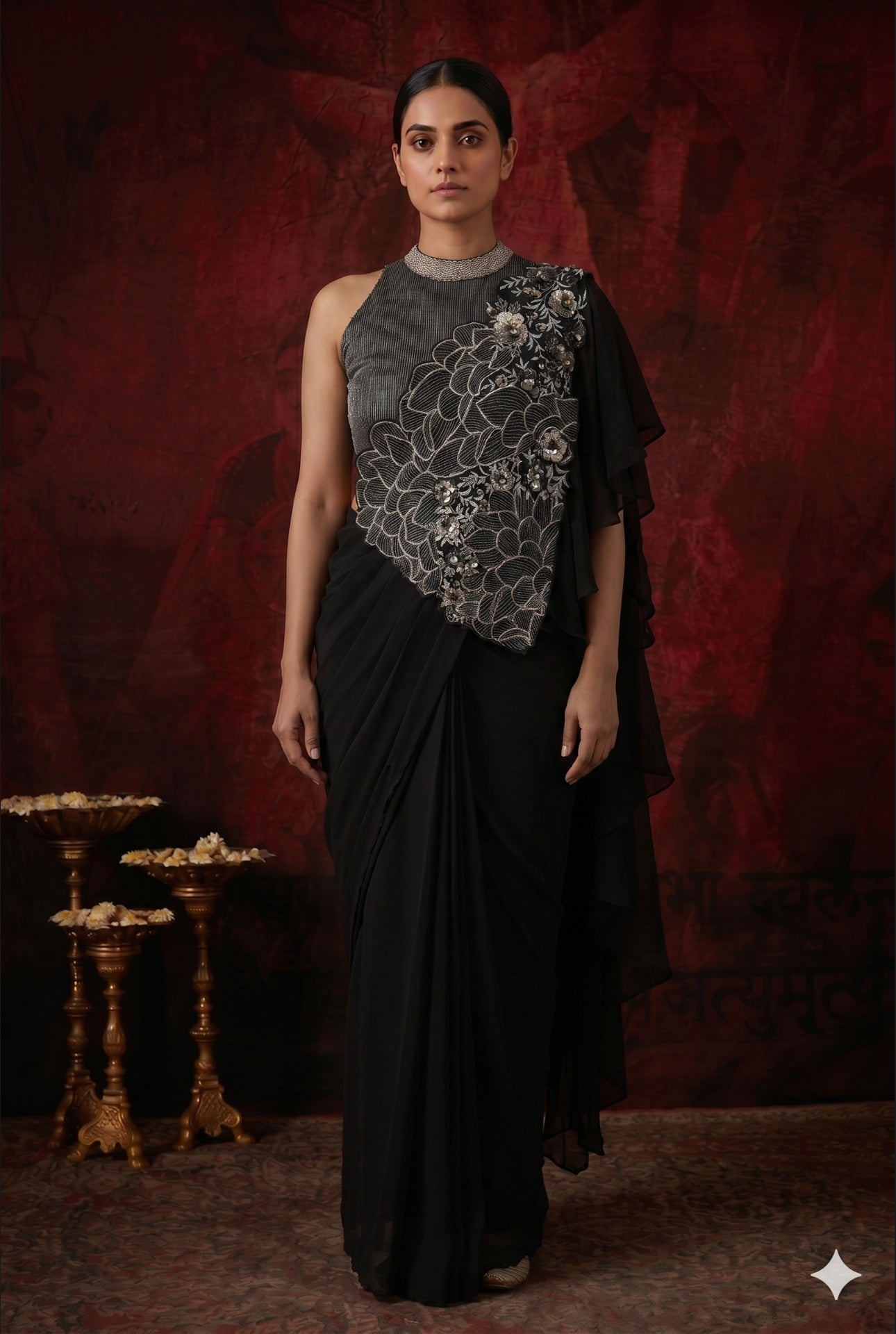 Midnight Floral Pre-Draped Saree