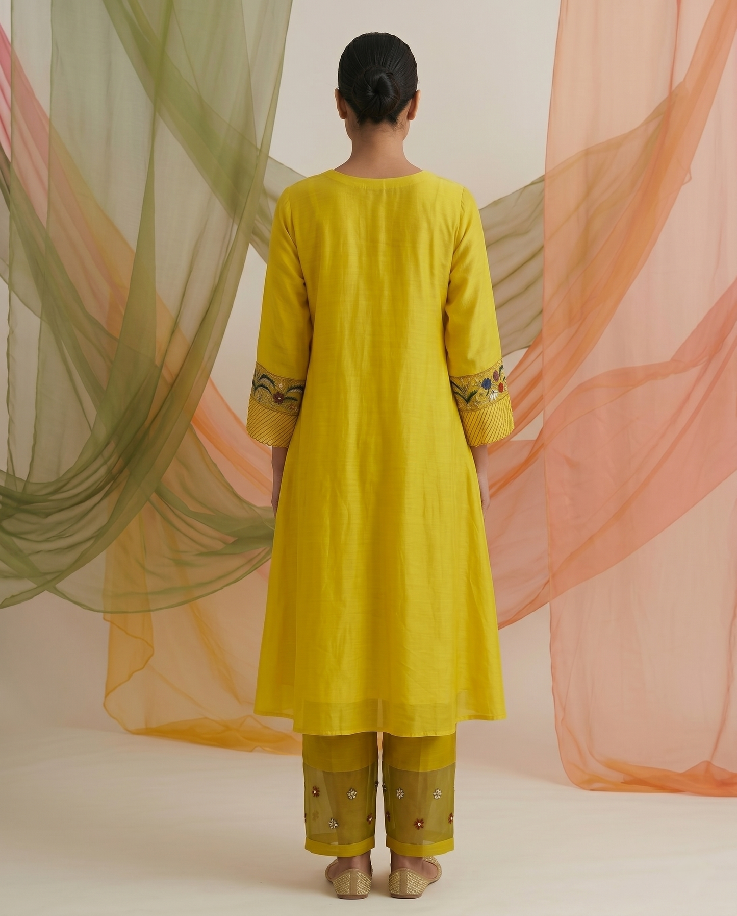 Mustard Yellow Hand Embroidered Satin Georgette Kurta Set