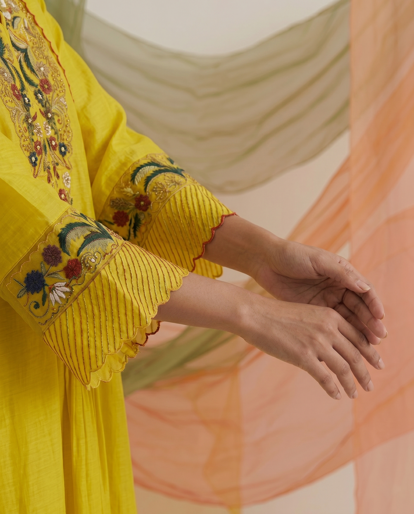Mustard Yellow Hand Embroidered Satin Georgette Kurta Set