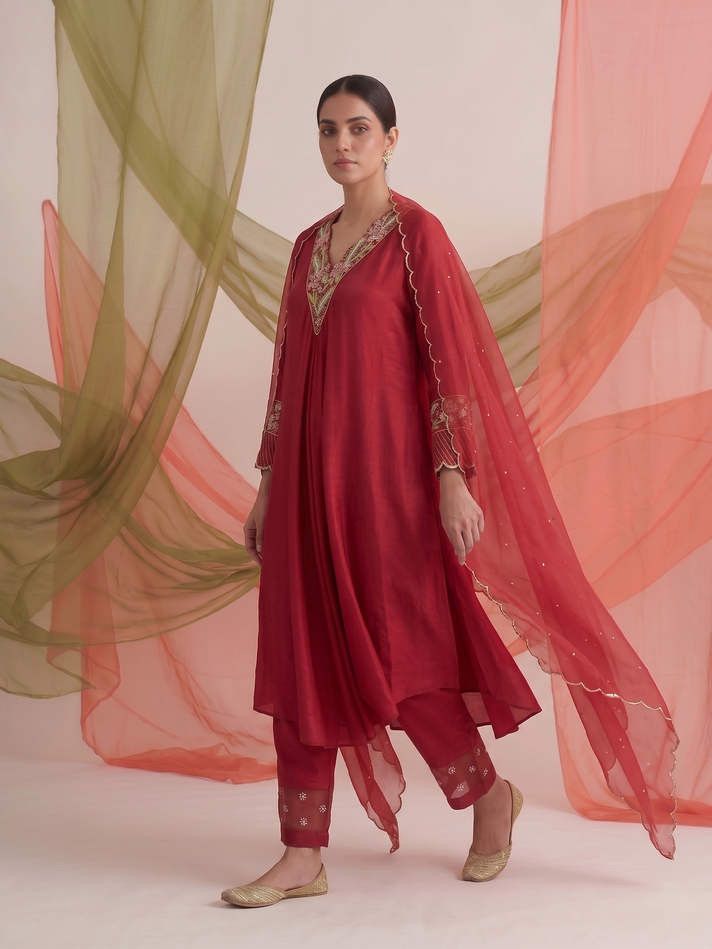 Ruby Red Satin Georgette Kurta Set