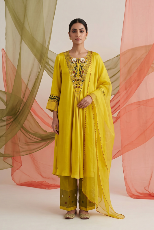 Mustard Yellow Hand Embroidered Satin Georgette Kurta Set